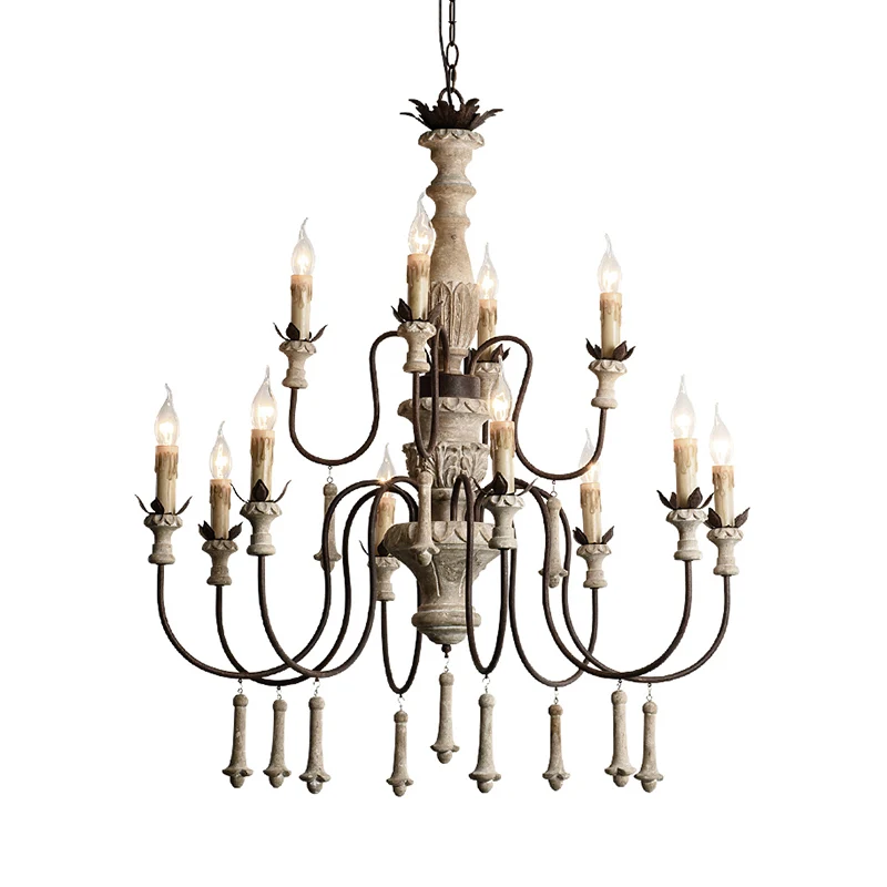12-koppige houten kroonluchter, landelijk bruin, 2-laags woonkamer hanglamp met gebogen metalen arm Clearhalo