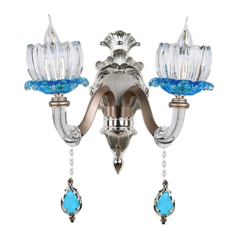 1/2-kops Lotus wandlamp armatuur retro blauw en helder glas schansverlichting voor eetkamer Clearhalo