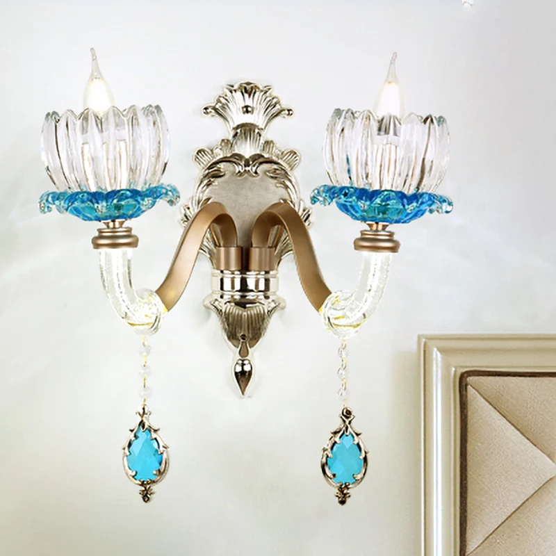 1/2-kops Lotus wandlamp armatuur retro blauw en helder glas schansverlichting voor eetkamer Clearhalo