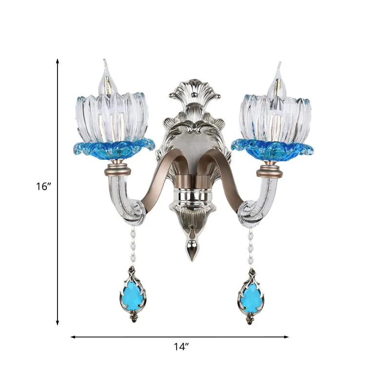 1/2-kops Lotus wandlamp armatuur retro blauw en helder glas schansverlichting voor eetkamer Clearhalo