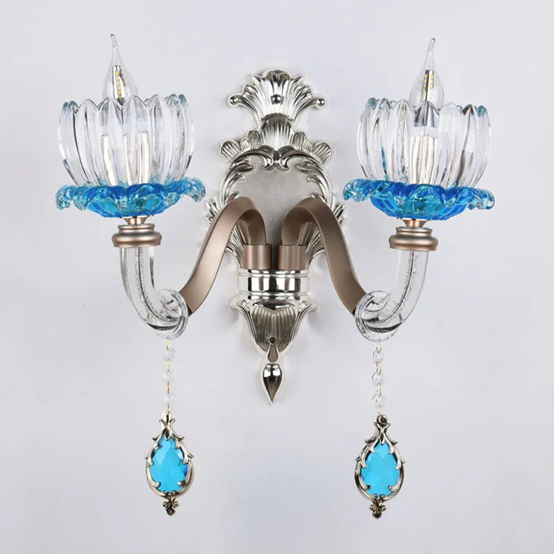 1/2-kops Lotus wandlamp armatuur retro blauw en helder glas schansverlichting voor eetkamer Clearhalo
