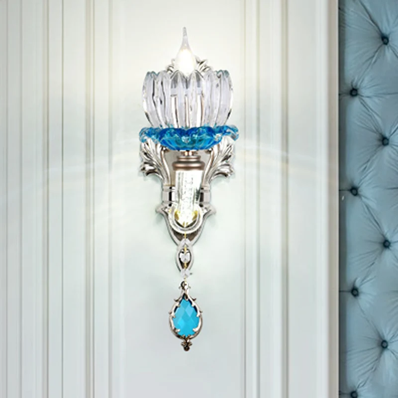 1/2-kops Lotus wandlamp armatuur retro blauw en helder glas schansverlichting voor eetkamer Clearhalo