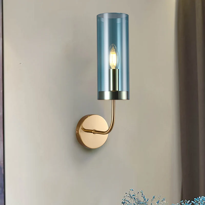 1/2-licht woonkamer wandmontage lamp retro messing blaker lichtarmatuur met champagne/lichtblauwe cilindrische glazen kap...