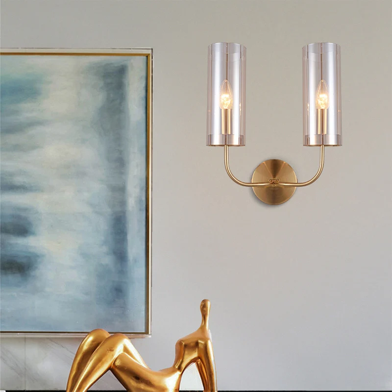 1/2-licht woonkamer wandmontage lamp retro messing blaker lichtarmatuur met champagne/lichtblauwe cilindrische glazen kap...