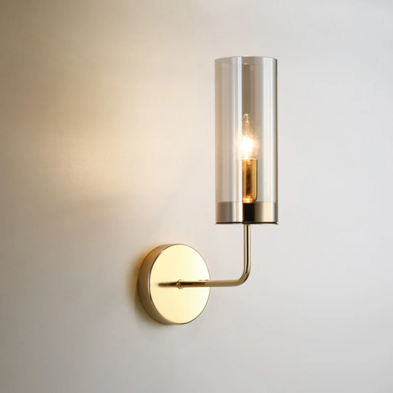 1/2-licht woonkamer wandmontage lamp retro messing blaker lichtarmatuur met champagne/lichtblauwe cilindrische glazen kap...