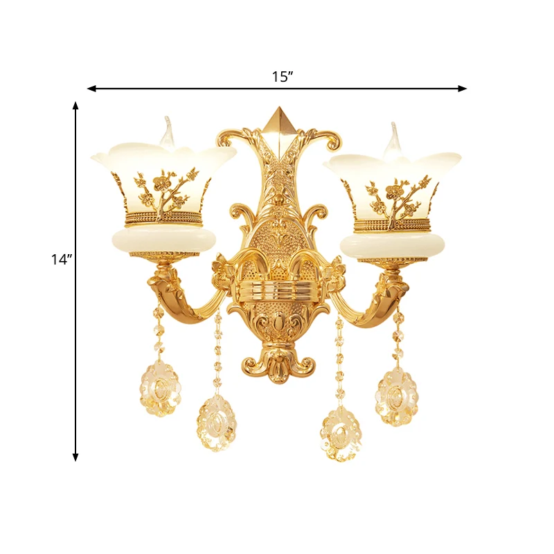 1/2-lichts matglazen wandlamp, midden van de eeuw gouden afwerking bloem nachtkastje wandlamp Clearhalo