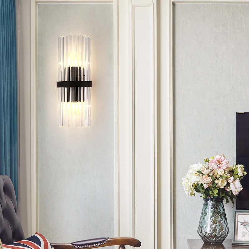 1/2-lichts pijpwandverlichting modernistische metalen en kristallen schanslamp zwarte afwerking voor eetkamer Clearhalo