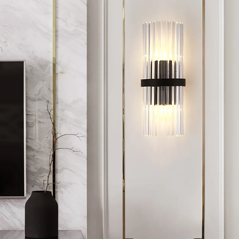 1/2-lichts pijpwandverlichting modernistische metalen en kristallen schanslamp zwarte afwerking voor eetkamer Clearhalo