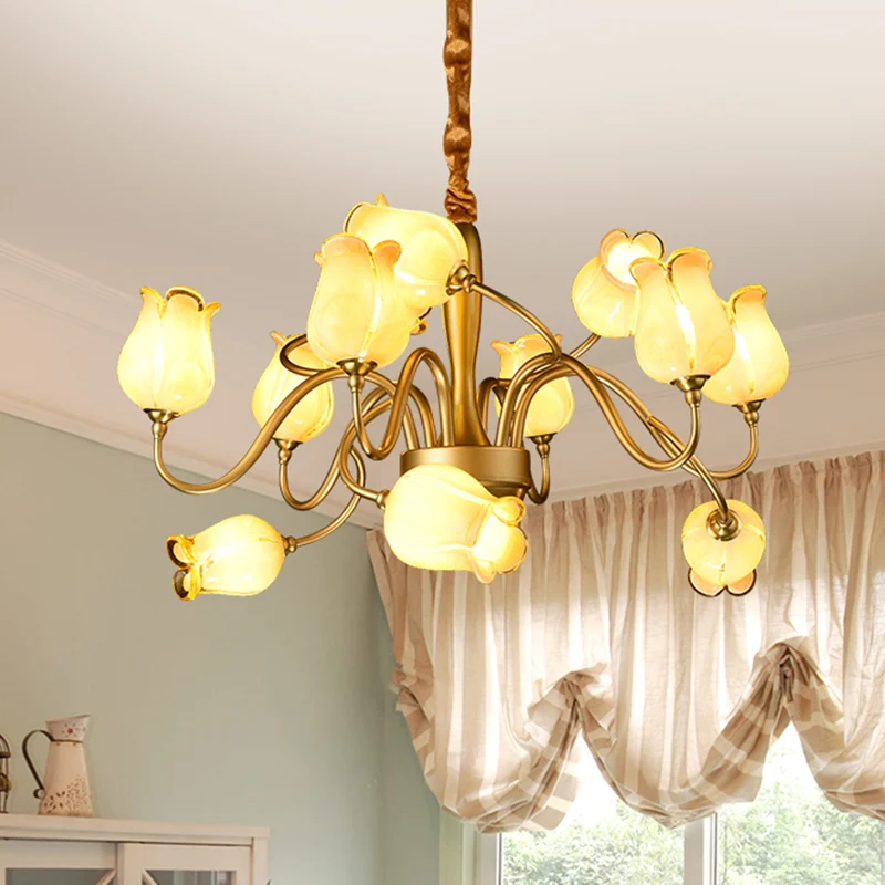 12-lichts plafondkroonluchter plattelandsbloem beige glazen hangende lamp goud Clearhalo