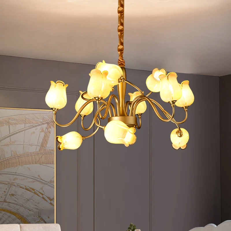12-lichts plafondkroonluchter plattelandsbloem beige glazen hangende lamp goud Clearhalo