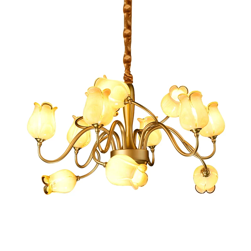 12-lichts plafondkroonluchter plattelandsbloem beige glazen hangende lamp goud Clearhalo