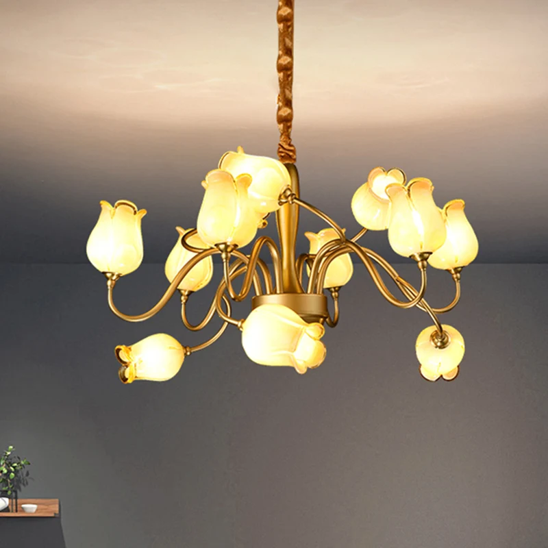 12-lichts plafondkroonluchter plattelandsbloem beige glazen hangende lamp goud Clearhalo