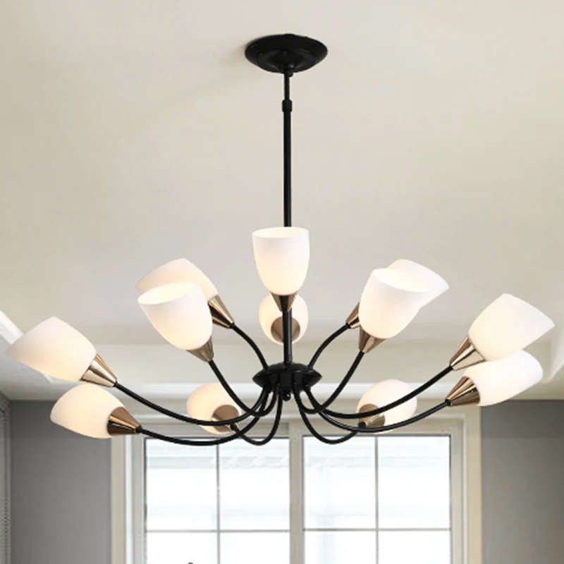 12-lichts plafondlamp traditionele ovale matglazen hangende kroonluchter zwart voor woonkamer Clearhalo