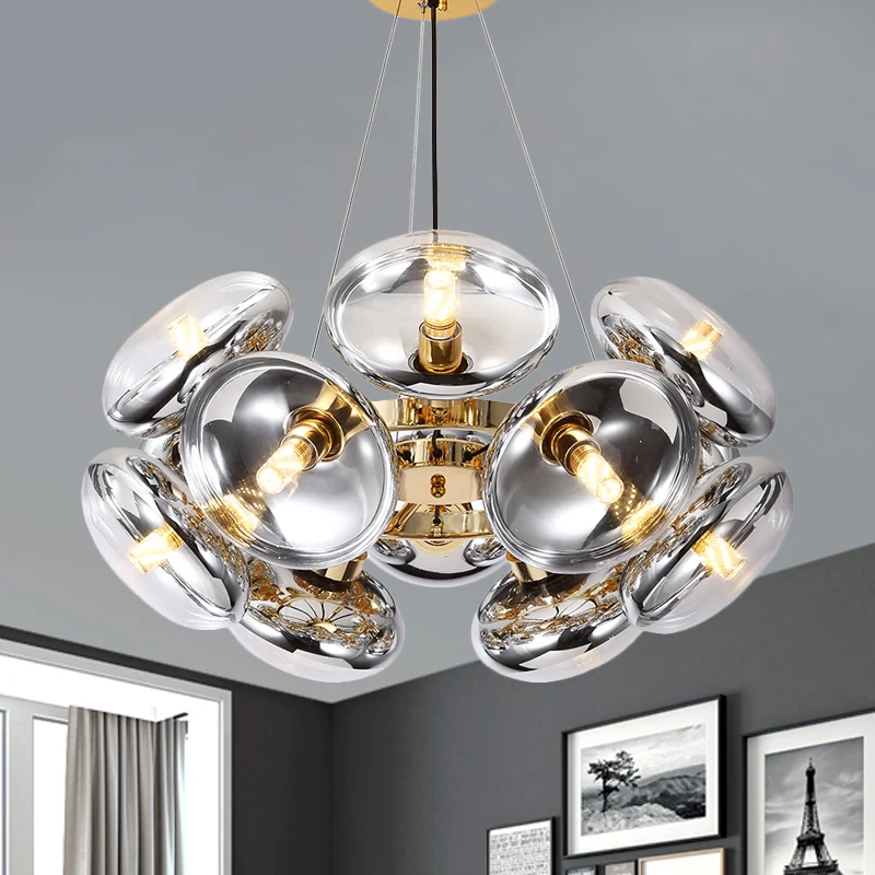 12-lichts ronde lampenkap kroonluchter moderne helderglazen snoerhanglamp goud/zilver Clearhalo
