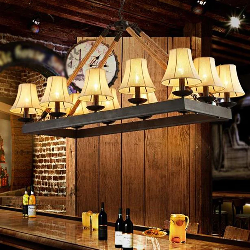 12-lichts stoffen eilandlamp loftstijl zwarte conische restauranttouwhanger met ijzeren rechthoekig frame Clearhalo