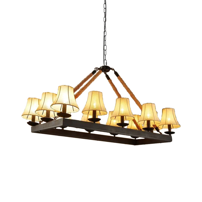 12-lichts stoffen eilandlamp loftstijl zwarte conische restauranttouwhanger met ijzeren rechthoekig frame Clearhalo