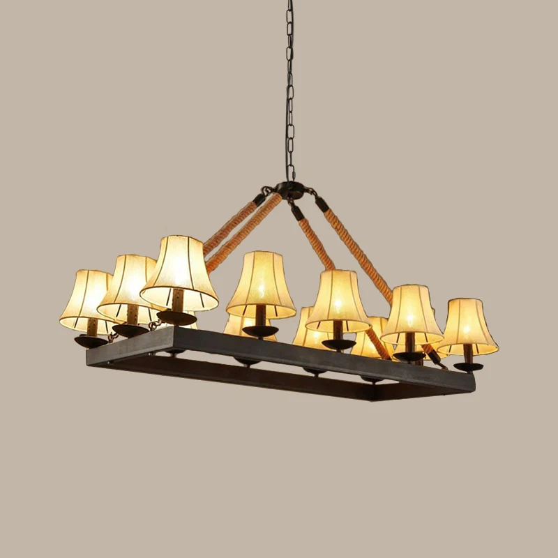12-lichts stoffen eilandlamp loftstijl zwarte conische restauranttouwhanger met ijzeren rechthoekig frame Clearhalo