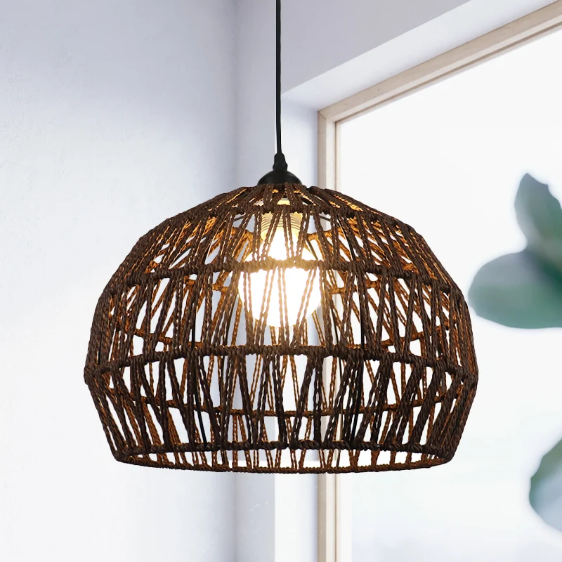 1/3-lamps gang-hanglamp met koepelvormige rotan kap, zwart/beige hanglamp Clearhalo