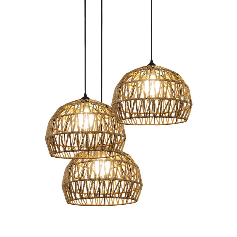 1/3-lamps gang-hanglamp met koepelvormige rotan kap, zwart/beige hanglamp Clearhalo