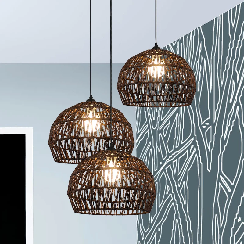 1/3-lamps gang-hanglamp met koepelvormige rotan kap, zwart/beige hanglamp Clearhalo