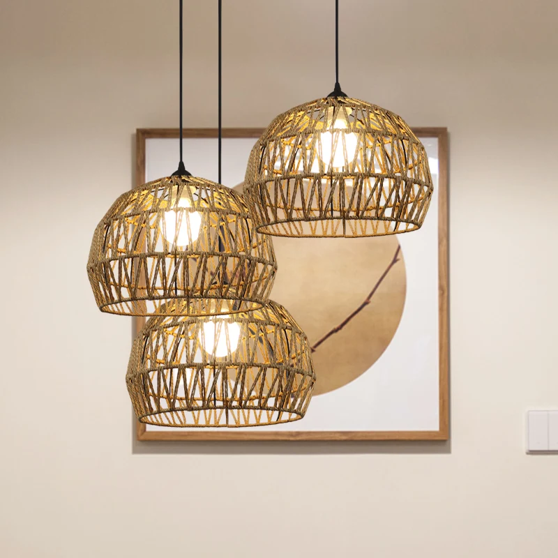 1/3-lamps gang-hanglamp met koepelvormige rotan kap, zwart/beige hanglamp Clearhalo