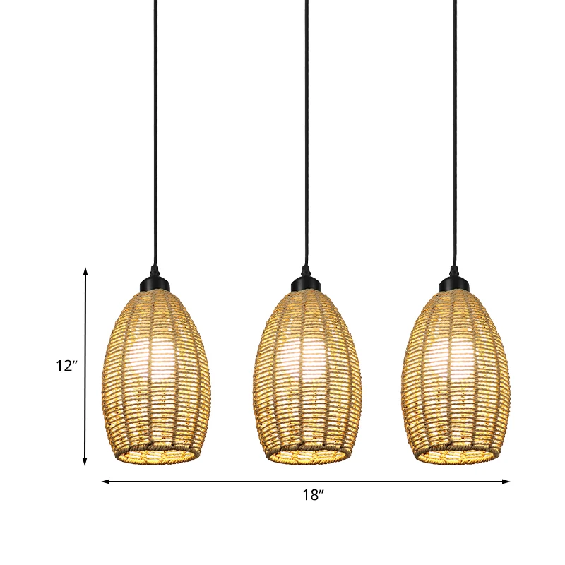 1/3-lichts restaurant hangende hanglamp met ovale rotan kap beige plafondlamp Aziatische stijl, ronde/lineaire luifel Clea...