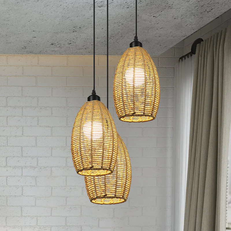 1/3-lichts restaurant hangende hanglamp met ovale rotan kap beige plafondlamp Aziatische stijl, ronde/lineaire luifel Clea...