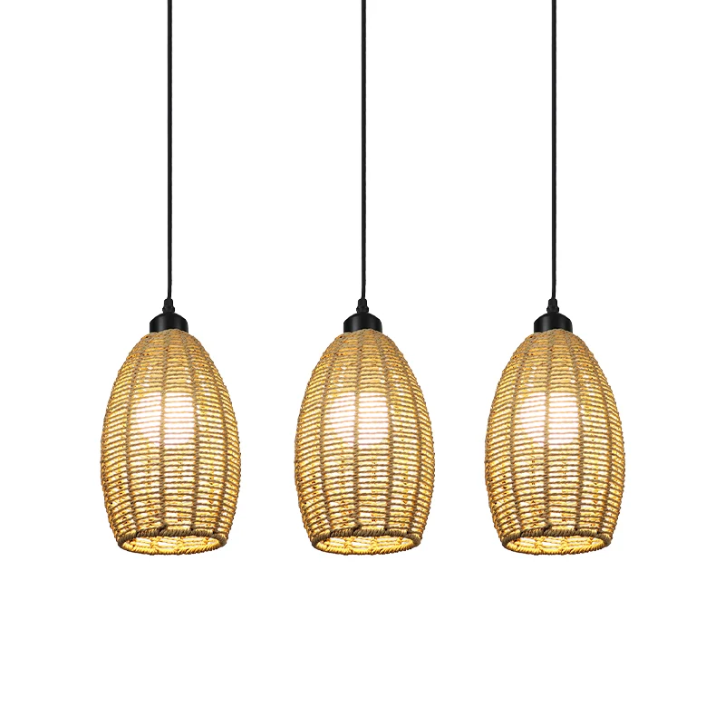 1/3-lichts restaurant hangende hanglamp met ovale rotan kap beige plafondlamp Aziatische stijl, ronde/lineaire luifel Clea...