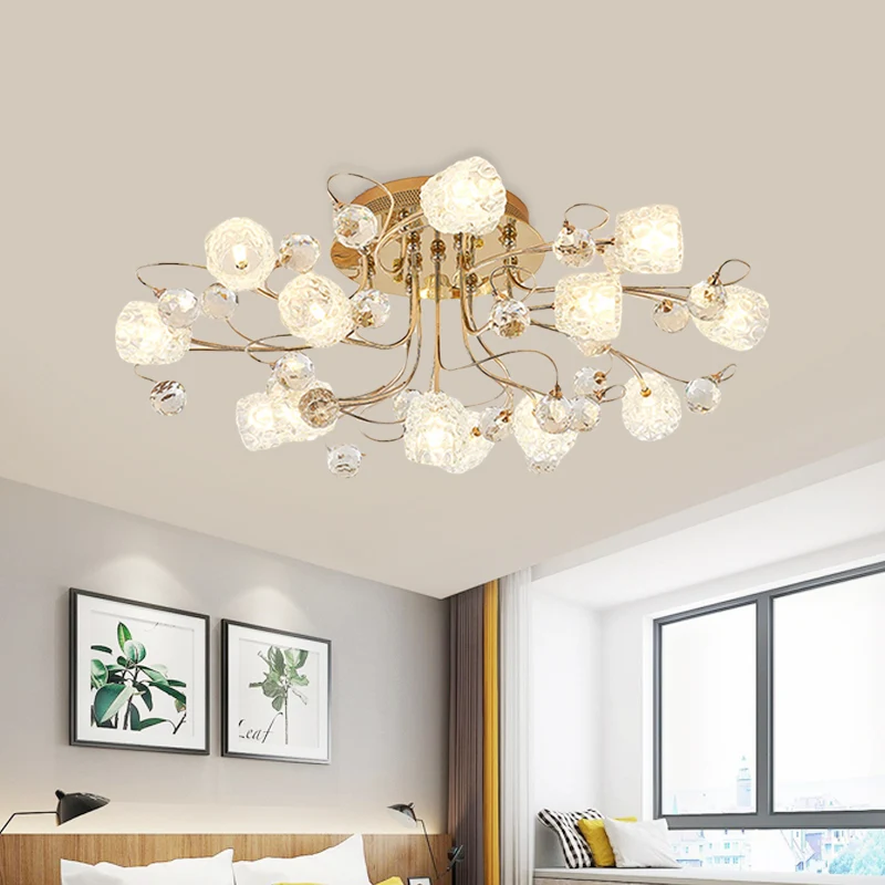 13-lichts semi-inbouw kroonluchter moderne bloemknop bubbelglazen plafondlamp goud Clearhalo