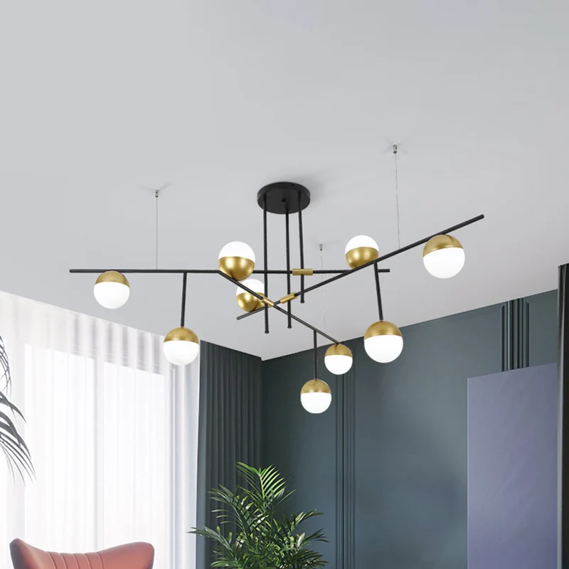 1/3-tier hangende kroonluchter postmoderne crèmekleurige bolglas 3/9 lampen zwart en goud plafondhanglamp Clearhalo