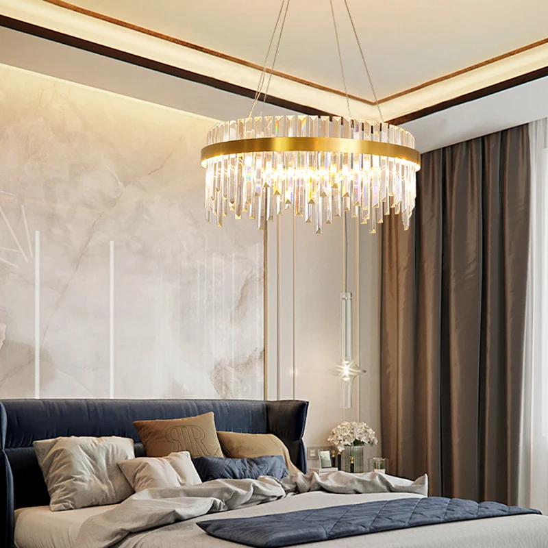 16"/19,5" brede LED hangende plafondlamp postmoderne cirkel kristallen staaf kroonluchter licht goud Clearhalo