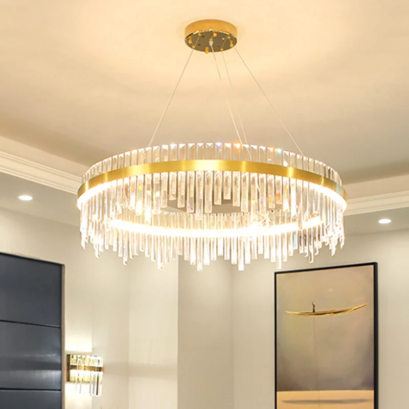 16"/19,5" brede LED hangende plafondlamp postmoderne cirkel kristallen staaf kroonluchter licht goud Clearhalo