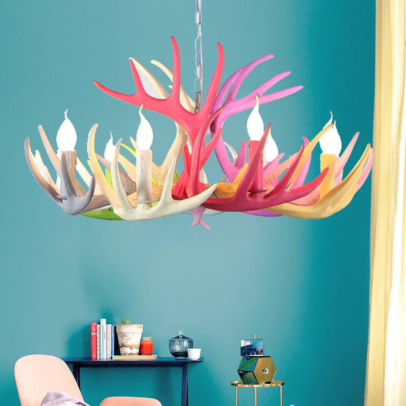 16"/23" brede gewei hars kroonluchter verlichting traditionele 4/6/8 hoofden woonkamer hanglamp blauw-roze-geel Clearhalo