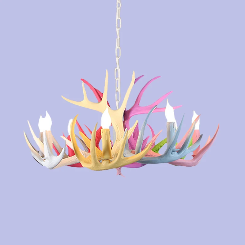 16"/23" brede gewei hars kroonluchter verlichting traditionele 4/6/8 hoofden woonkamer hanglamp blauw-roze-geel Clearhalo