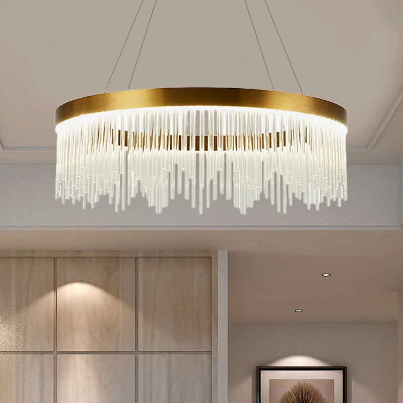 16"/23,5"/31,5" Dia Eenvoudige Ring Kristallen Ijspegels Kroonluchter LED Slaapkamer Hangende Plafondlamp goud Clearhalo