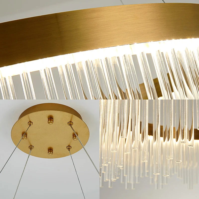 16"/23,5"/31,5" Dia Eenvoudige Ring Kristallen Ijspegels Kroonluchter LED Slaapkamer Hangende Plafondlamp goud Clearhalo
