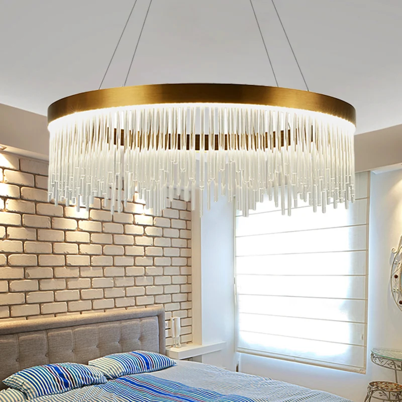 16"/23,5"/31,5" Dia Eenvoudige Ring Kristallen Ijspegels Kroonluchter LED Slaapkamer Hangende Plafondlamp goud Clearhalo