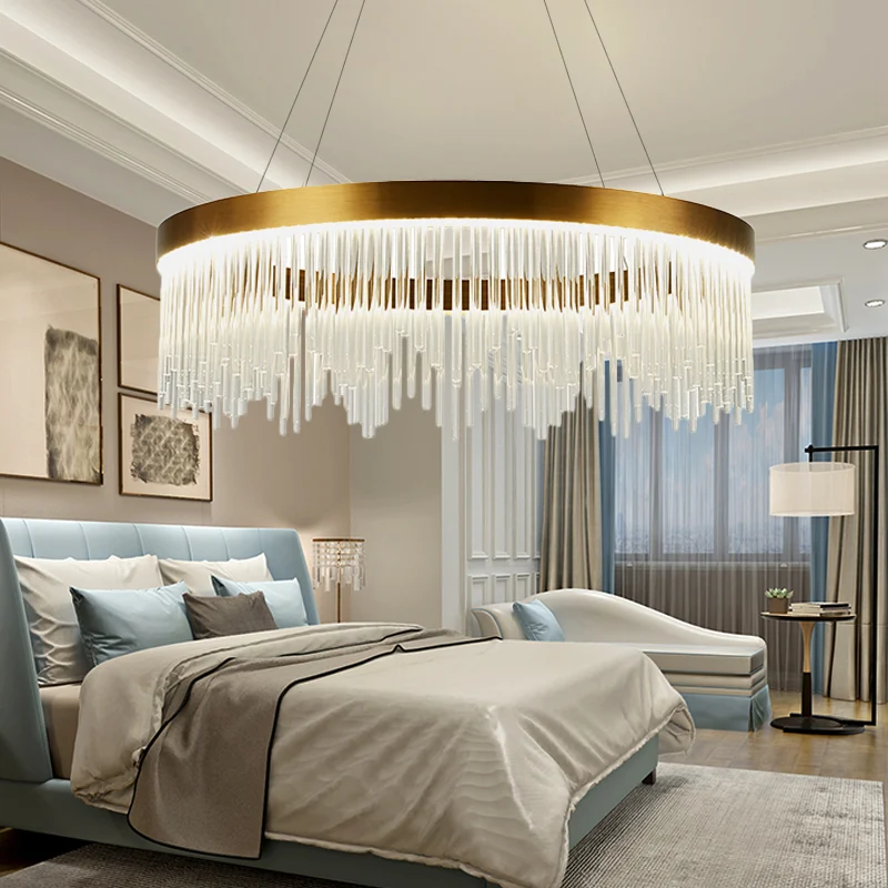 16"/23,5"/31,5" Dia Eenvoudige Ring Kristallen Ijspegels Kroonluchter LED Slaapkamer Hangende Plafondlamp goud Clearhalo