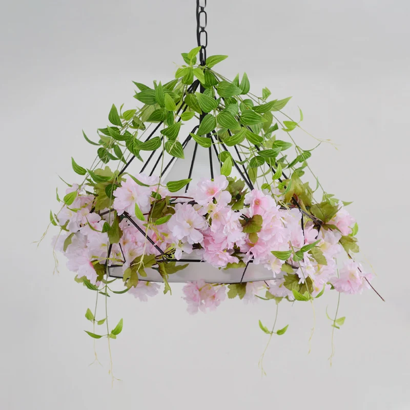 16,5"/19,5" W Black Diamond Cage Suspension Light Vintage ijzer 1 licht bloem restaurant hanger met stoffen kap Clearhalo