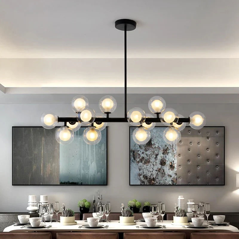 16-lichts moderne zwarte eiland-hanglamp bolvormige glazen eiland-plafondlamp voor eettafel Clearhalo