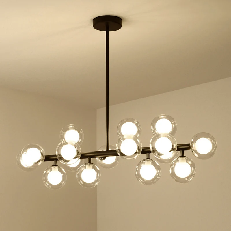 16-lichts moderne zwarte eiland-hanglamp bolvormige glazen eiland-plafondlamp voor eettafel Clearhalo