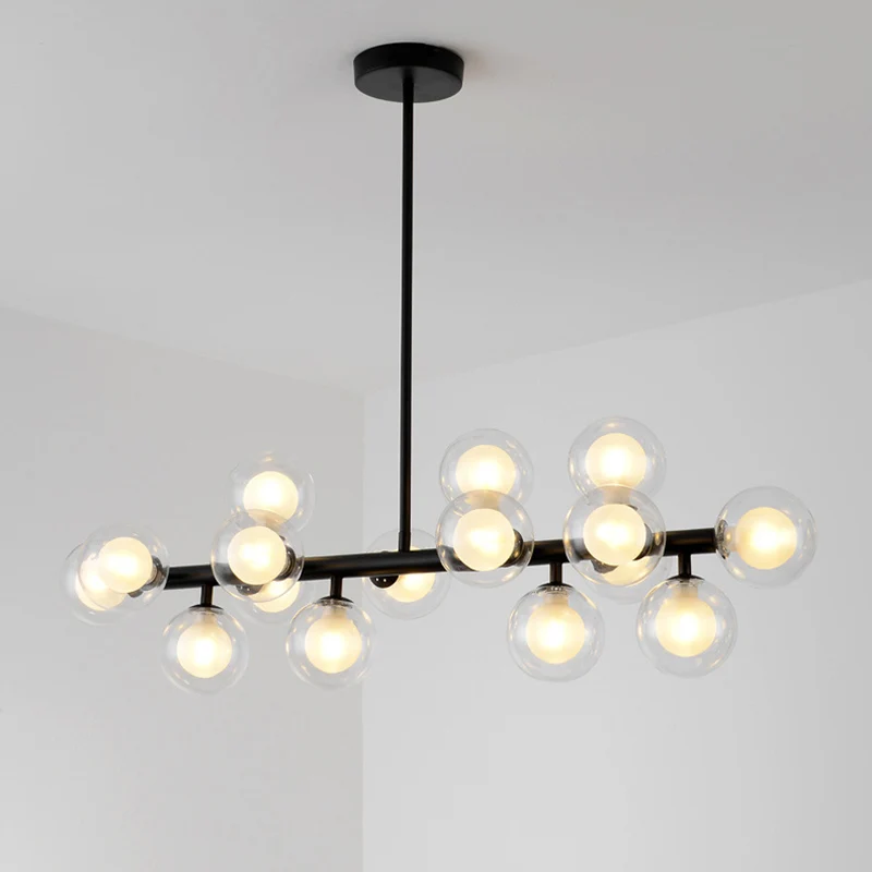 16-lichts moderne zwarte eiland-hanglamp bolvormige glazen eiland-plafondlamp voor eettafel Clearhalo