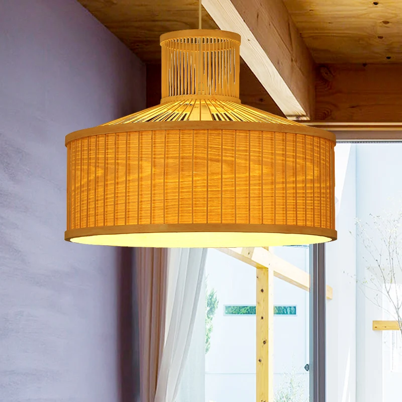 18"/23,5" brede cilinder ophanging hanglamp retro bamboe 1 lamp houten hanglampset Clearhalo