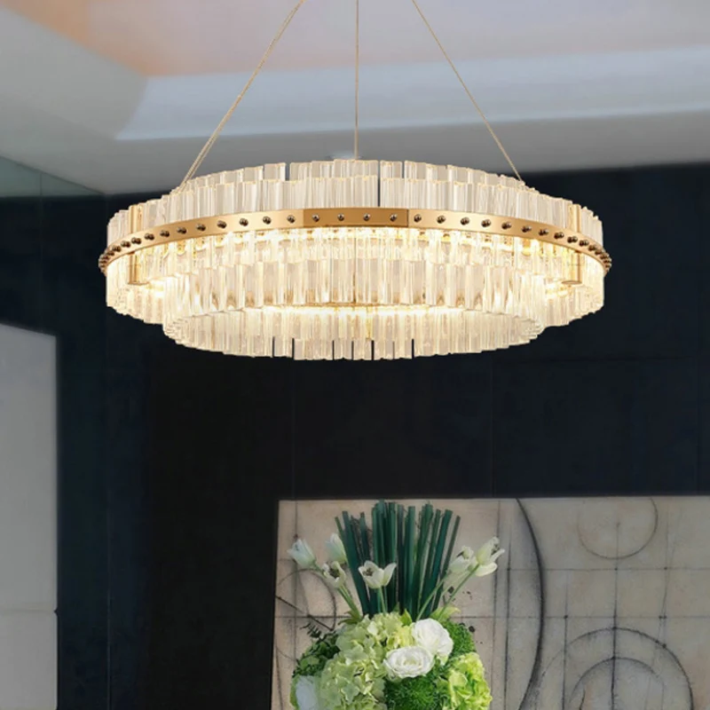 19,5" Dia 2-laags kroonluchter eigentijds kristal LED goud hangend plafondlicht met verstelbare ophangkoorden Clearhalo