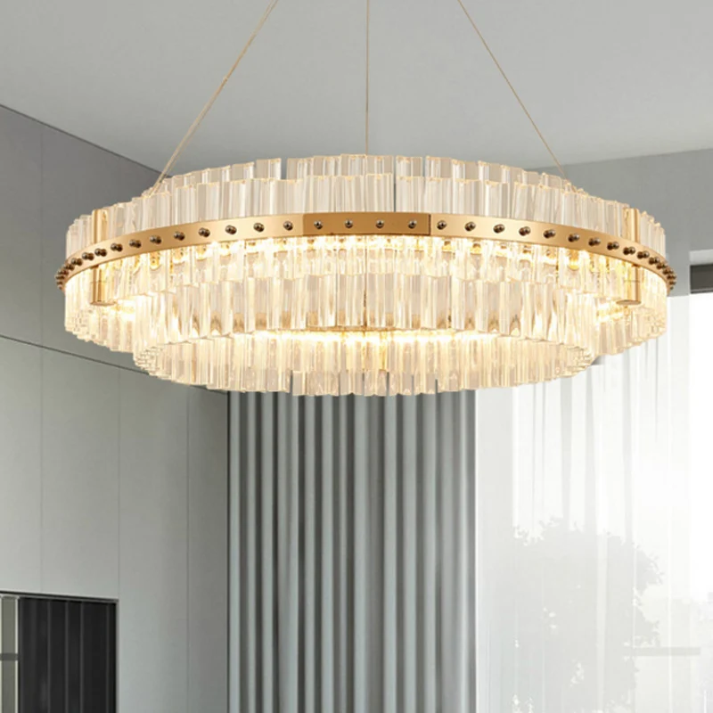 19,5" Dia 2-laags kroonluchter eigentijds kristal LED goud hangend plafondlicht met verstelbare ophangkoorden Clearhalo