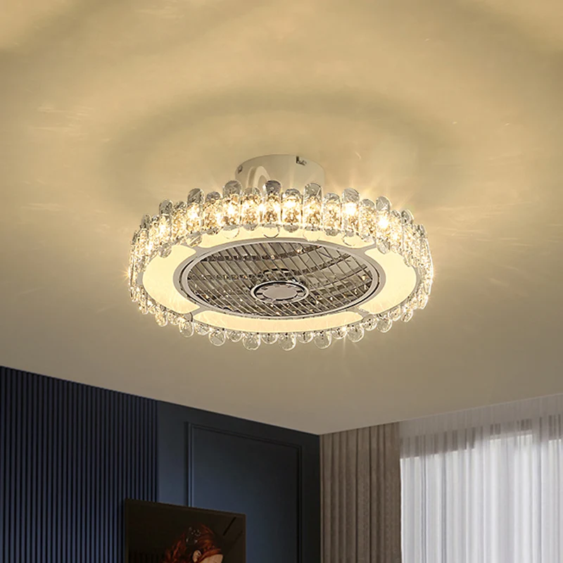 19,5" W eenvoudige hangende ventilatorlamp met helder kristal, eetkamer LED semi-inbouwlamp chroom Clearhalo