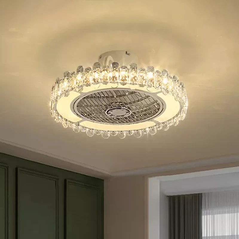 19,5" W eenvoudige hangende ventilatorlamp met helder kristal, eetkamer LED semi-inbouwlamp chroom Clearhalo