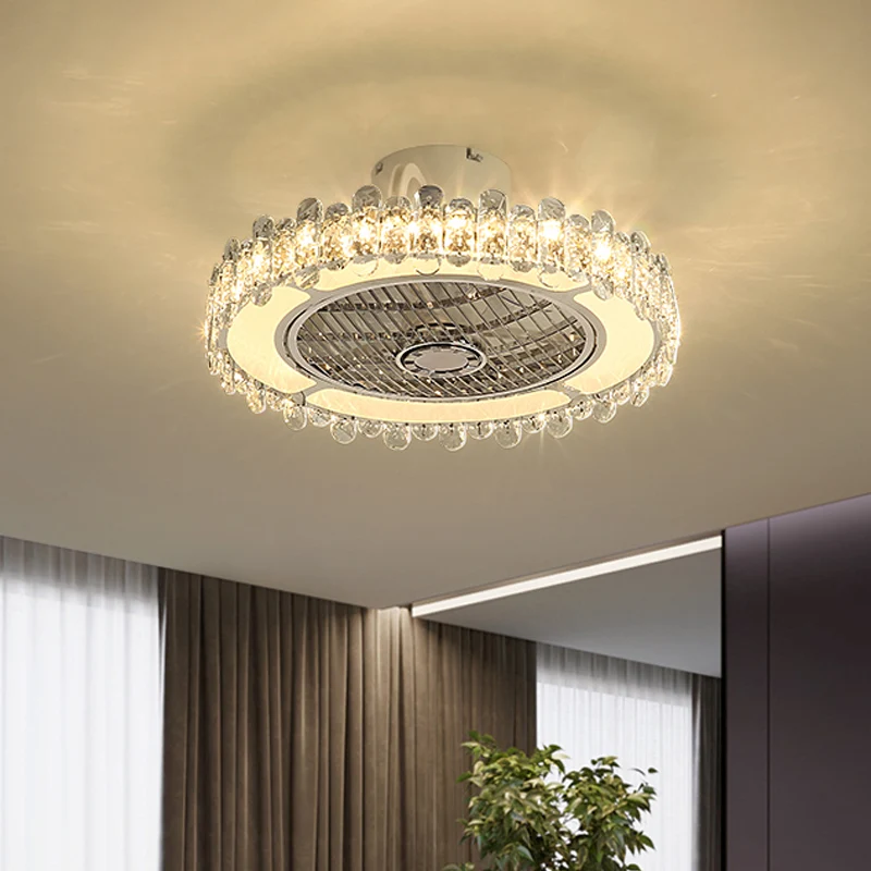 19,5" W eenvoudige hangende ventilatorlamp met helder kristal, eetkamer LED semi-inbouwlamp chroom Clearhalo