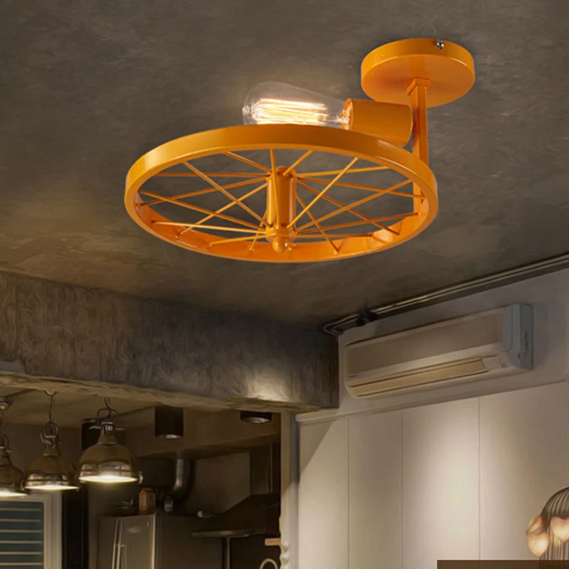 1-koppig wielvormig semi-inbouwlicht met zichtbare lamp Industrieel wit/rood metallic plafondgemonteerd licht Clearhalo