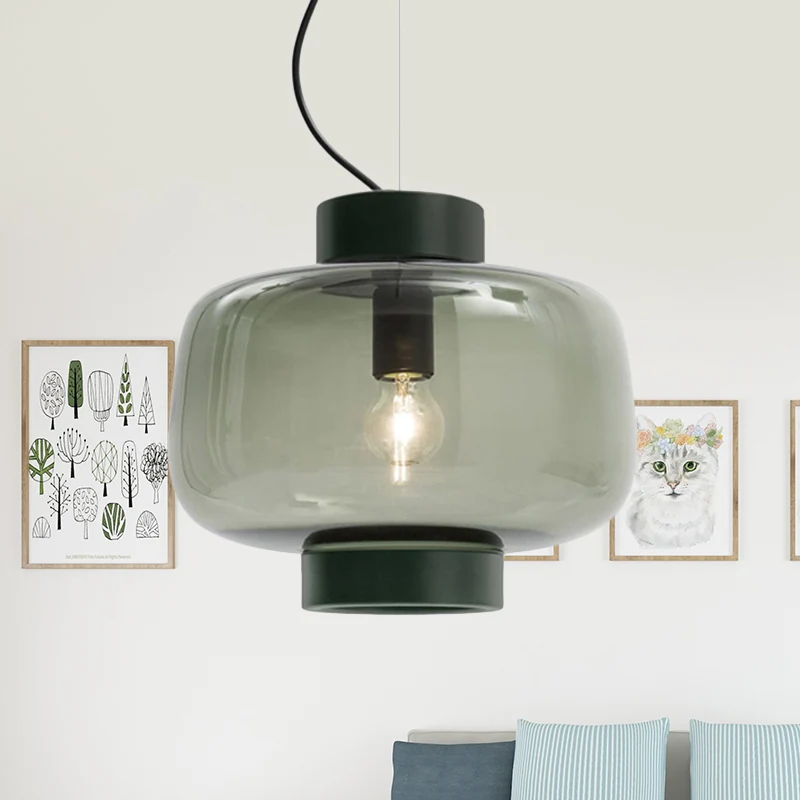 1-koppige bistro-hanglamp, vintage zwarte hanglampset met trommelrookglazen kap Clearhalo